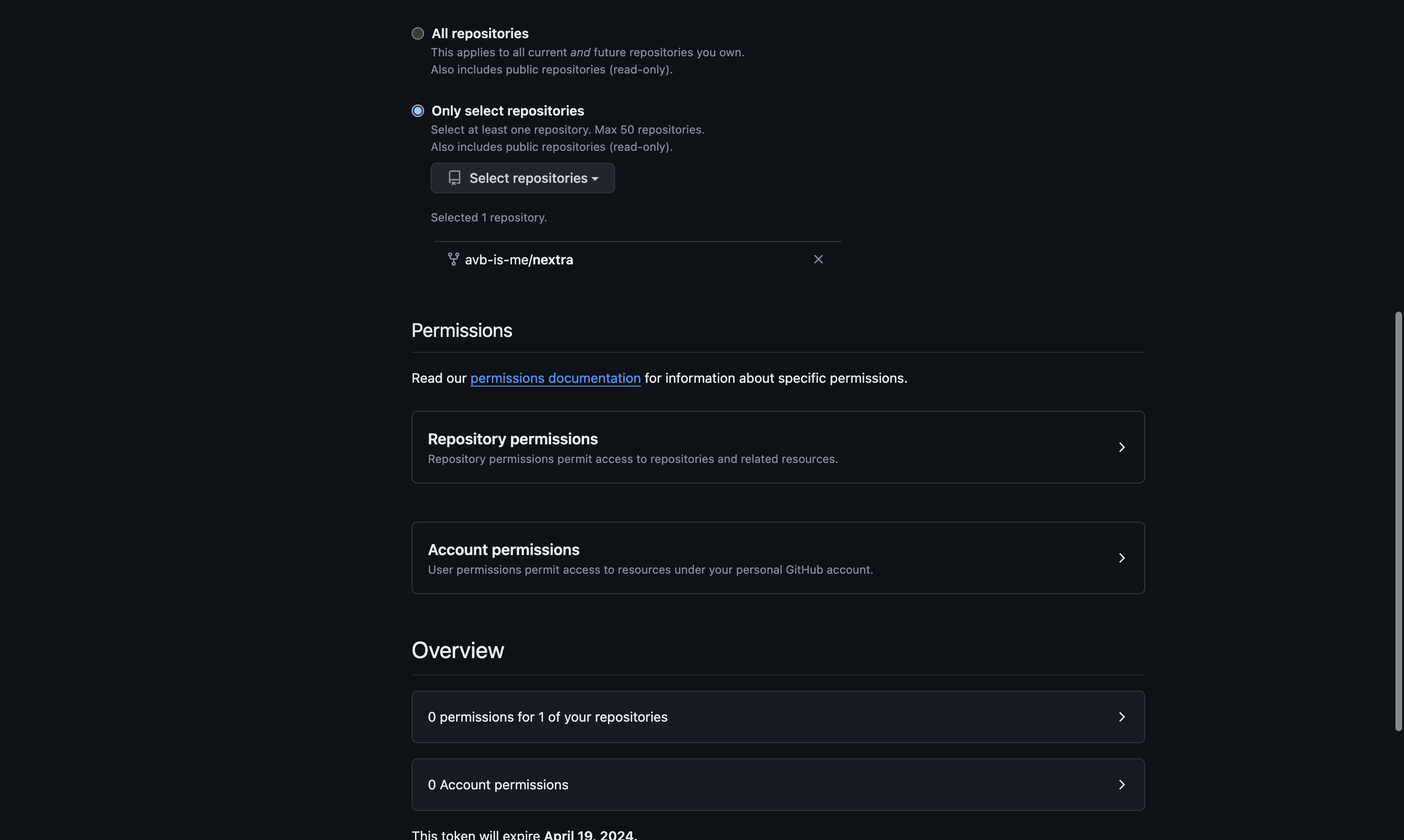 This is the image for DIV with the text:   Repository permissions  0 Selected  Repository permissions permit access to repositories and related resources. and then clicked